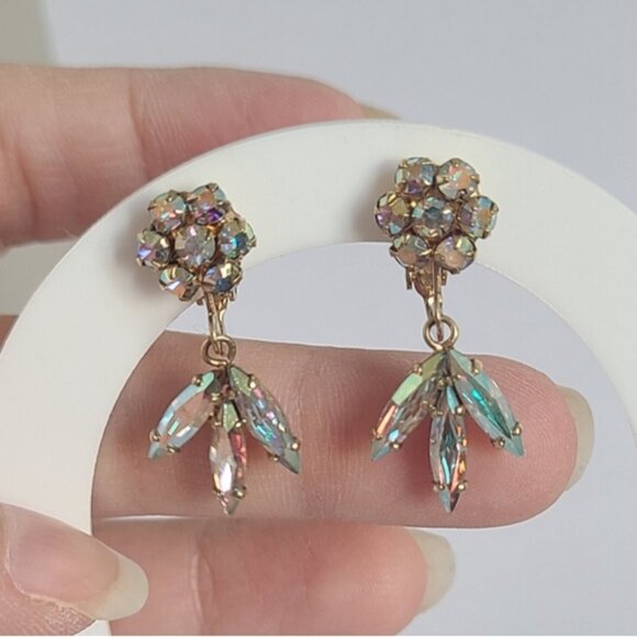 Vintage SHERMAN Aurora Borealis Crystal Gold Flower Drop Dangle Clip-On Earrings - Picture 11 of 13